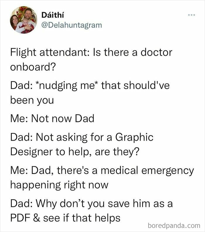 Humorous meme about graphic designers with a dad suggesting saving a person as a PDF during an emergency on a flight.