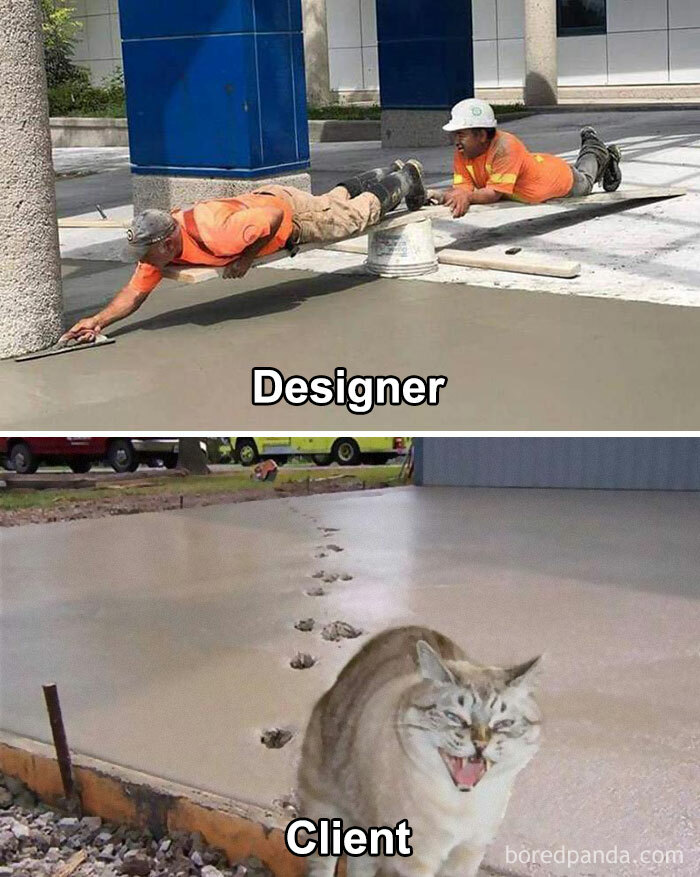 Graphic designers humor: A meticulous worker smoothing concrete, juxtaposed with a cat's pawprints on wet cement.