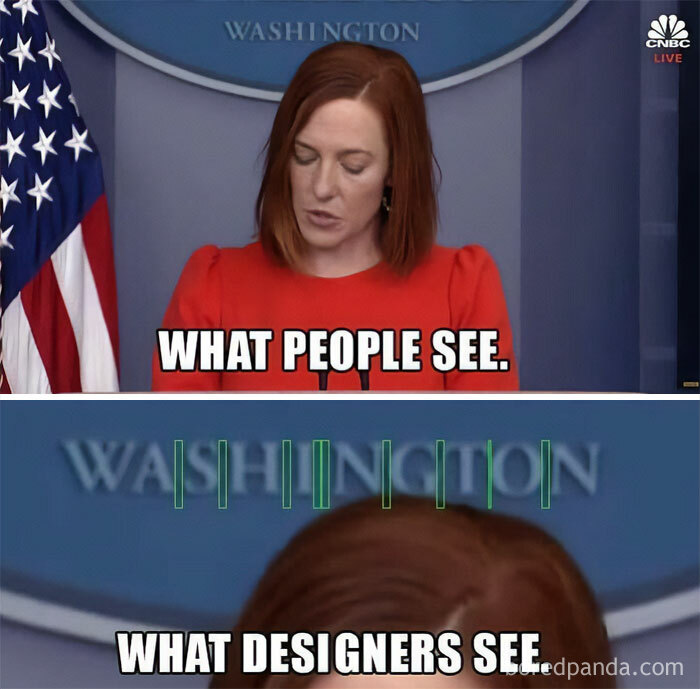 Graphic design humor meme comparing what people see versus what designers see in a media briefing.