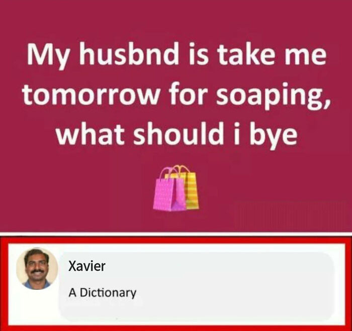 "Xavier's witty reply to a shopping query, humorously suggesting buying a dictionary."