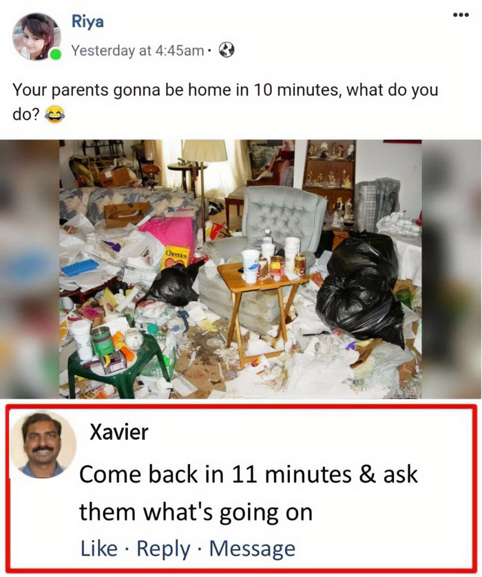 Messy room with Xavier's hilarious comment suggesting a humorous comeback to parents arriving soon.