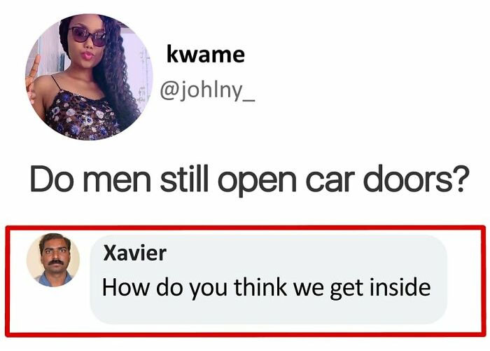 Xavier's witty reply to a question about men opening car doors, showcasing his humor.