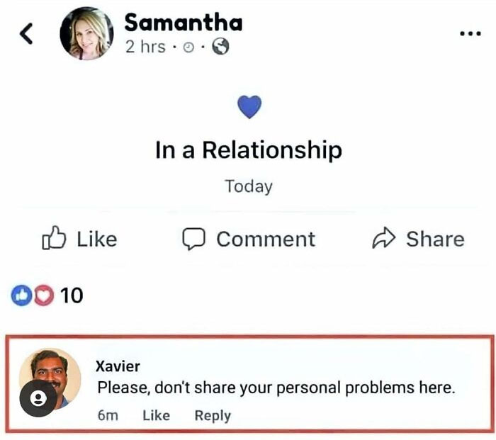 Xavier's funny comment on a relationship status post, adding humor to social media.