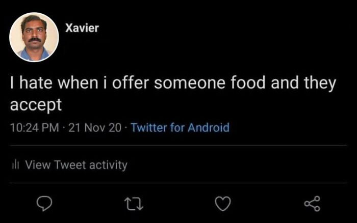 Hilarious tweet by Xavier about offering food and people accepting.