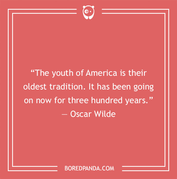 Oscar Wilde quote on the youth of America, highlighting writer wit on a red background from Bored Panda.