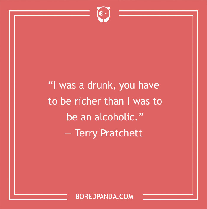 Terry Pratchett funny book quote on a red background, showcasing writer's wit.