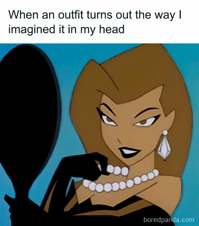 Cartoon woman admiring herself in a mirror, humorously capturing women's style expectations.