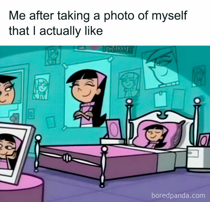 Cartoon girl smiling at self in mirrors, illustrating funny meme about women and self-photography.