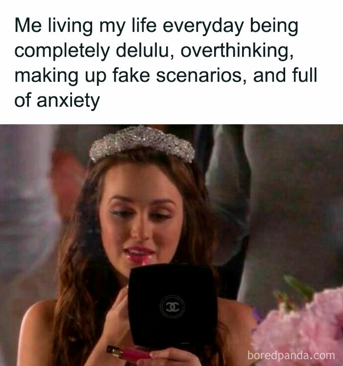 Woman with tiara looking in mirror, text humorously calls out women's daily overthinking and anxiety.