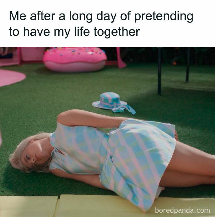 Woman in pastel dress lying on the grass, humorous meme about pretending to have life together.