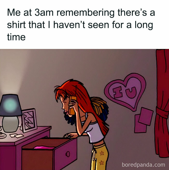 Woman humorously searching for a missing shirt at 3am, illustrating funny memes about women.