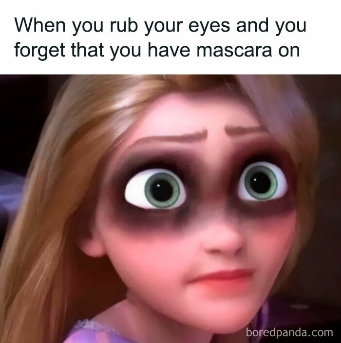 Cartoon character with smudged mascara, wide eyes, and a caption about forgetting makeup.
