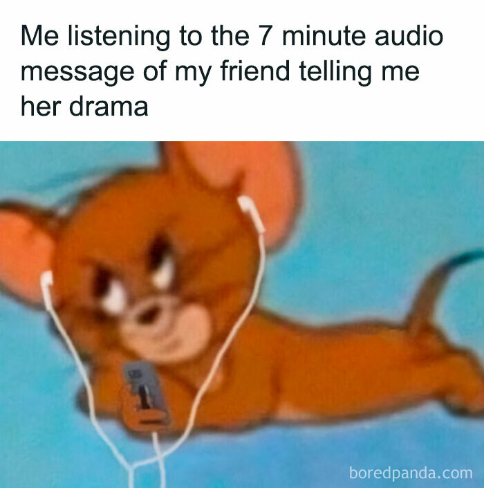 Cartoon mouse wearing earbuds, holding a phone, listening to a friend's drama, humorously calling out women.