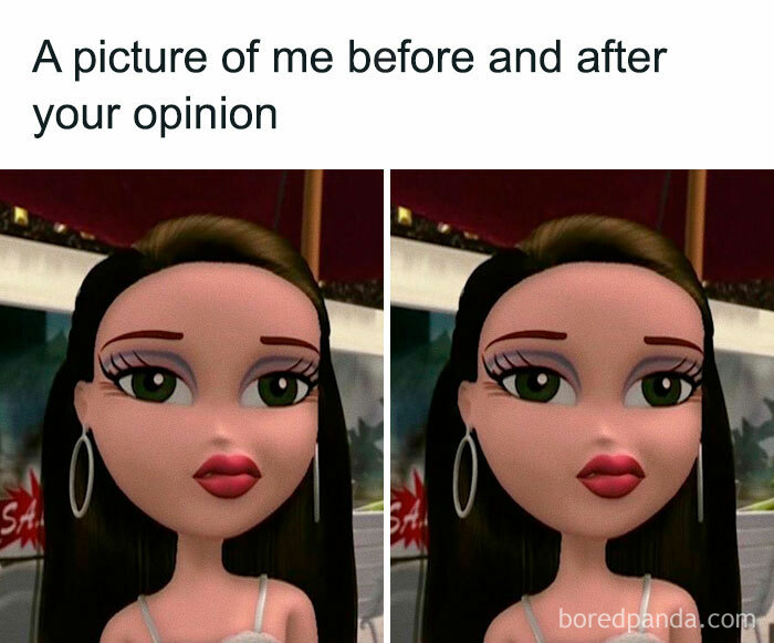 Cartoon woman meme humorously showing no change in expression before and after an opinion.