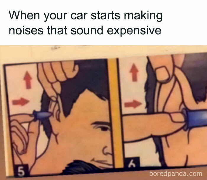 Humorous meme illustration about expensive car noises with a person inserting and removing earbuds.