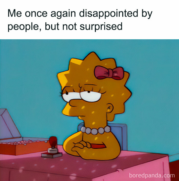 Cartoon character at a table with a skeptical expression, highlighting a funny meme about women.