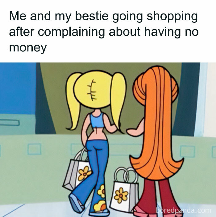 Two cartoon women shopping with bags, reflecting a funny meme about shopping habits.