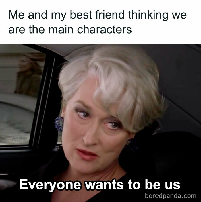 Woman in car captioned, "Me and my best friend thinking we are the main characters."