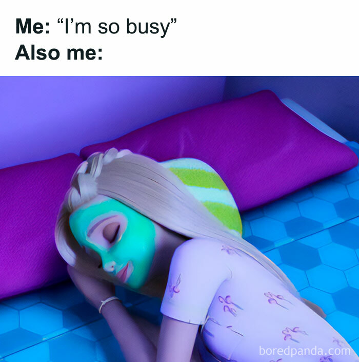 Funny memes showcasing a woman with a face mask, humorously pretending to be busy while actually napping.