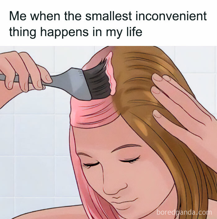 A woman humorously dyes her hair pink, highlighting a minor inconvenience.