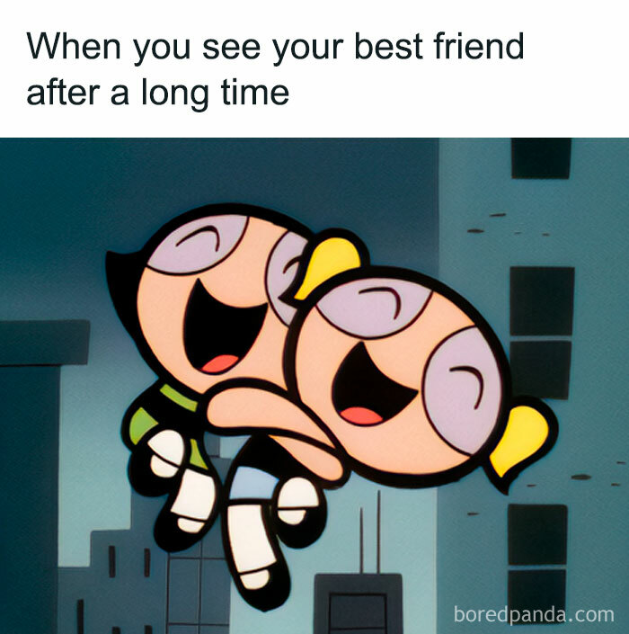 Cartoon characters joyfully hugging, representing funny memes about women.