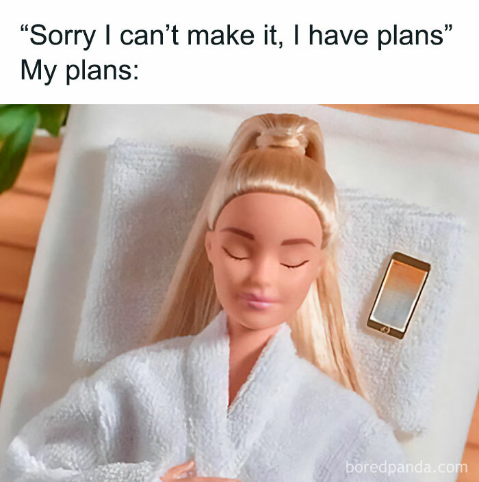Barbie doll relaxing with phone by her side, humorously highlighting women's plans in a meme.