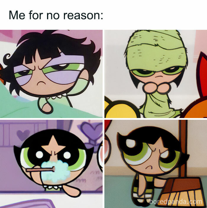 Funny memes featuring cartoon character in various grumpy expressions.