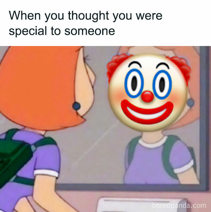 Cartoon girl with clown emoji face in mirror, humorously depicting women's meme theme.