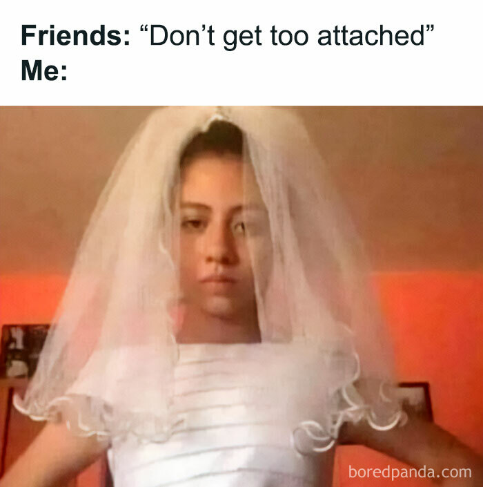 Woman wearing a wedding veil with a humorous caption about attachment, calling out women in a funny way.