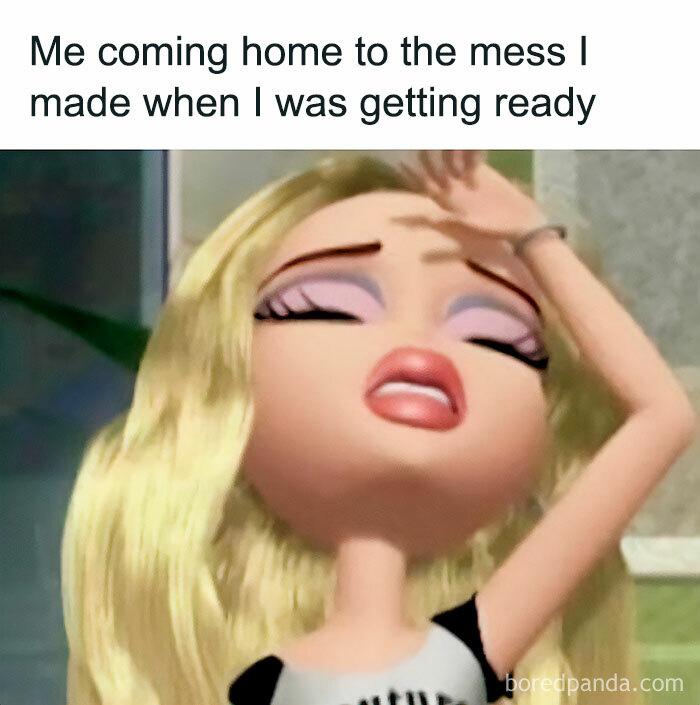 Funny meme of an animated woman with blonde hair, exasperated expression, captioned about coming home to a mess.