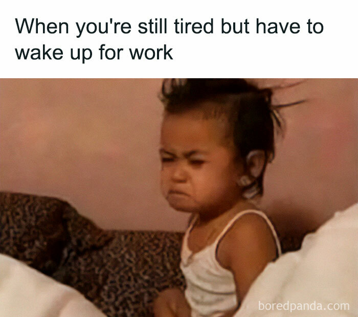 A grumpy child waking up, perfectly capturing tired morning life memes.