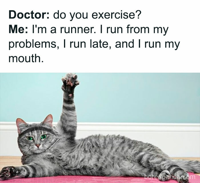 Cat lying on its back with a raised paw under a funny life meme about running from problems.