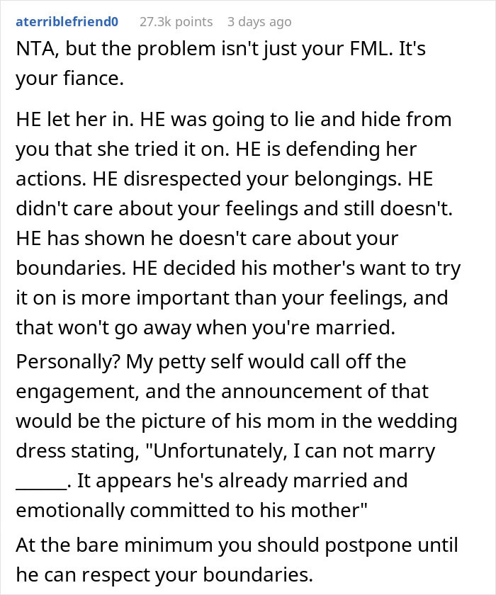 Woman's Fianc&eacute; Lets His Mom Try On Her Wedding Dress, Knowing She Would Be Livid, Drama Ensues