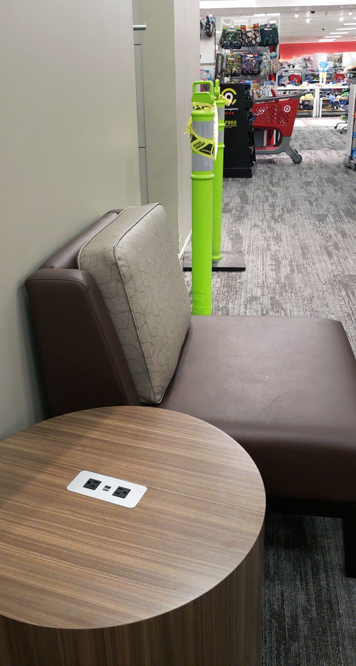 My Local Target Is Completing A Total Remodel, And They Now Have USB Ports And Outlets Built Into The Table In The Waiting Area Of The Fitting Room