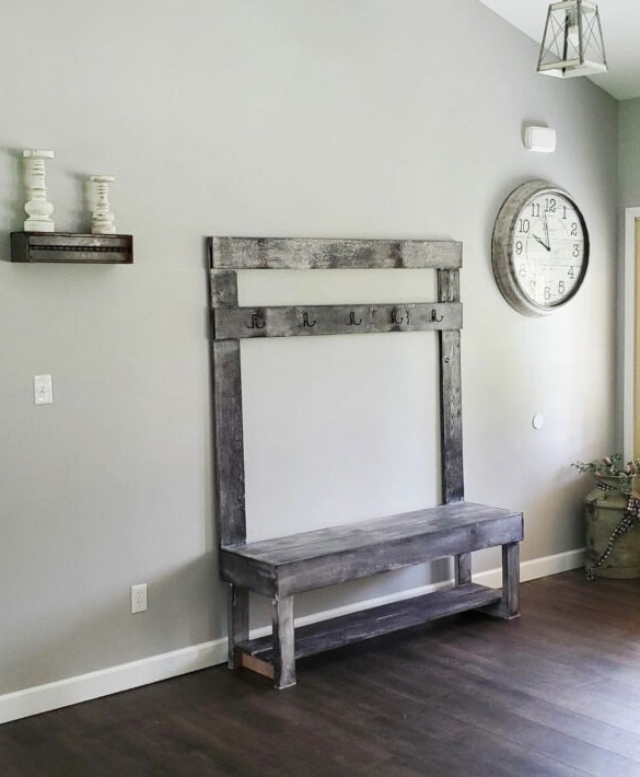 An open-back hall tree with a wooden and grey design An open-back hall tree with a wooden and grey design