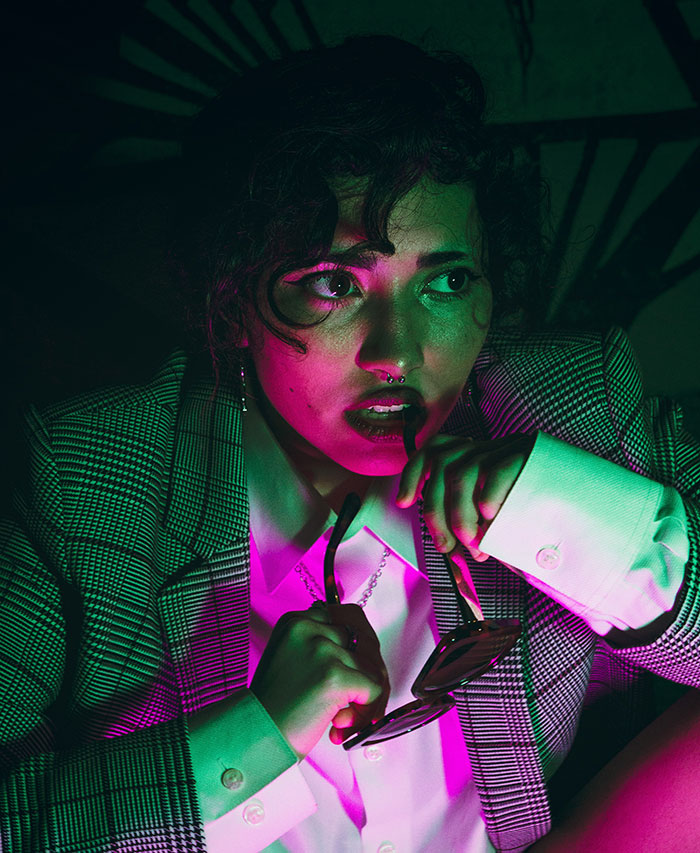 Woman wearing suit scared