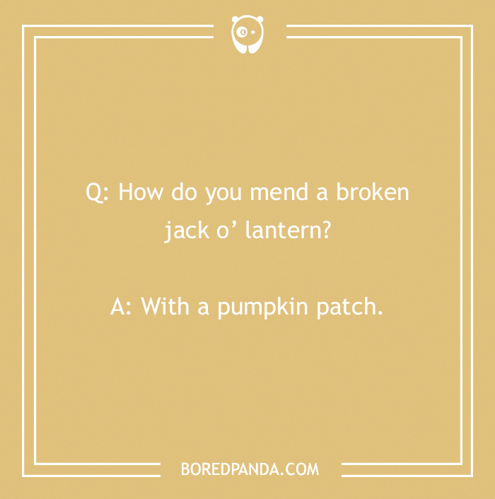 Funny Laffy Taffy joke about fixing a jack-o’-lantern with a pumpkin patch on a beige background.