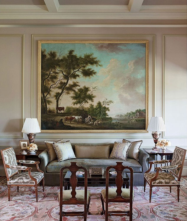 Vintage style living room with classic furniture, a large landscape painting, and elegant designer interior ideas.