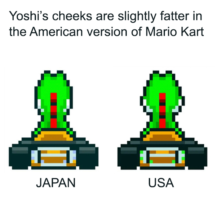 Yoshi comparison in Mario Kart showing slightly fatter cheeks in the USA version.