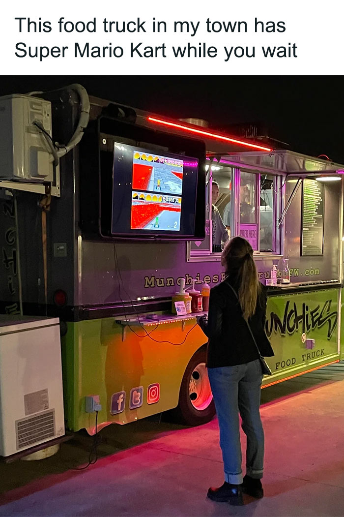Person playing Mario Kart at a food truck, enjoying funny Mario memes.