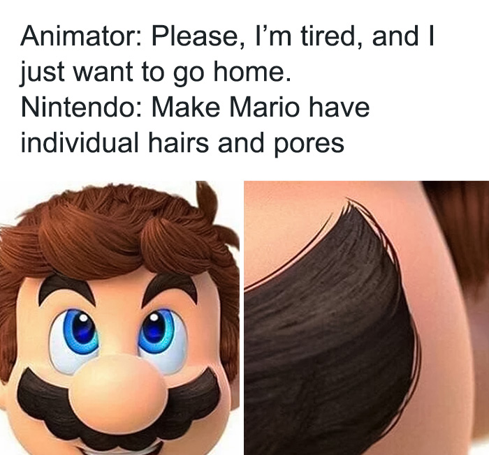 Mario meme showing detailed hair and pores for comedic effect.