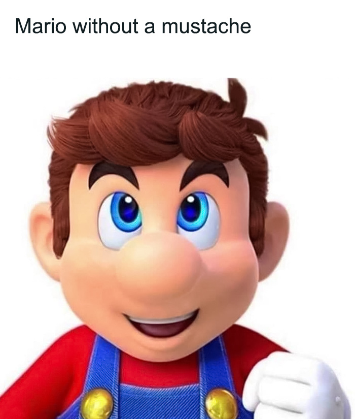 Mario character without a mustache, showcasing funny content aspect.