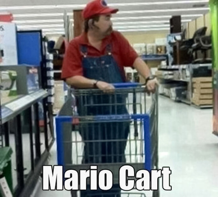 A person dressed as Mario pushing a shopping cart in a store, captioned "Mario Cart," adding humor to Mario memes.