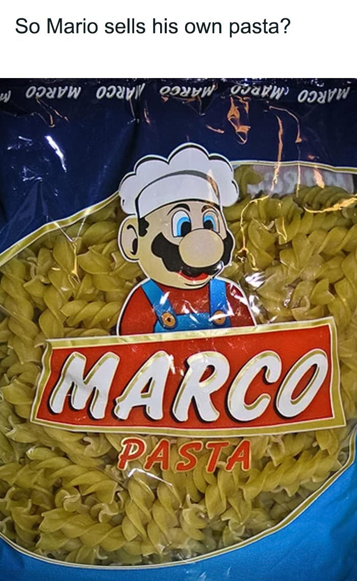 Mario-inspired character on pasta package labeled "Marco Pasta," creating a funny meme.