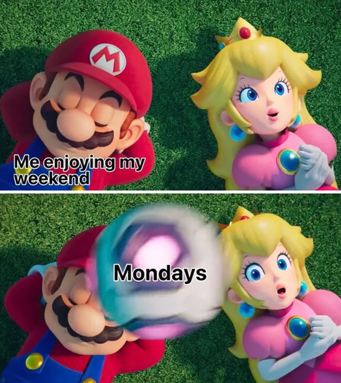 Mario and Princess Peach lying on grass; Mario hit by a soccer ball labeled "Mondays."