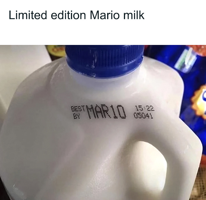 Milk jug with a "Best by MAR10" date, a humorous twist on Mario memes.