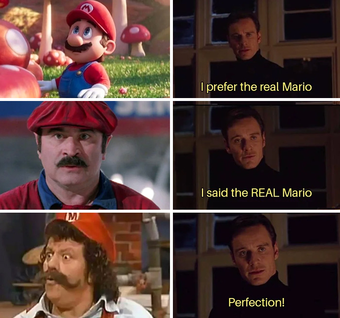 Funny Mario memes showing different versions of Mario with humorous text about the real one.