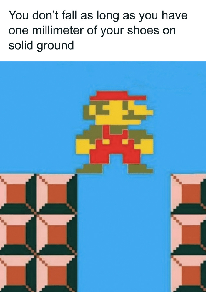 Retro Mario meme, character standing on block edge with funny caption about balance.