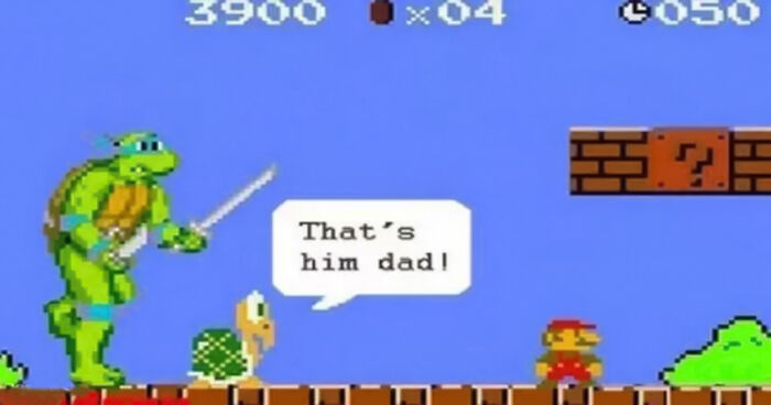 Mario meme with a Ninja Turtle and Koopa Troopa confronting Mario in a classic video game scene.