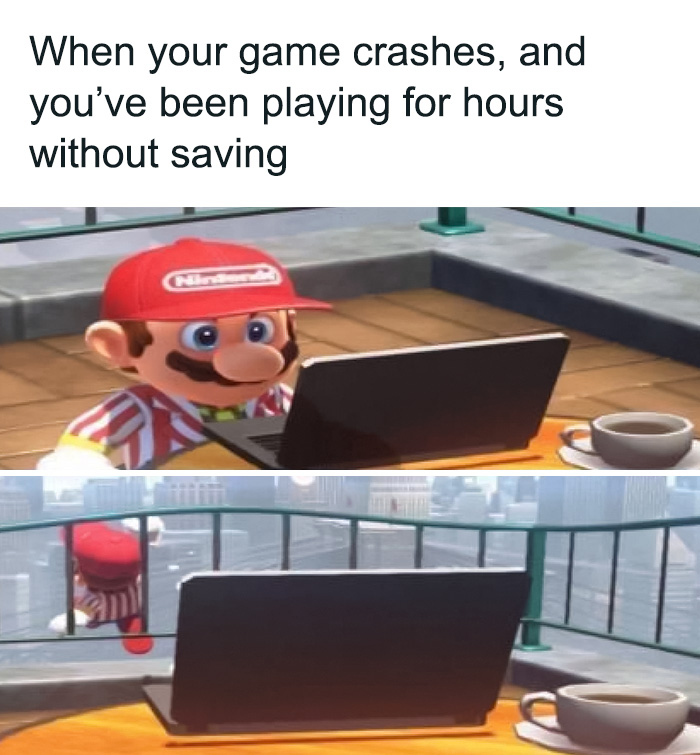 Mario meme featuring him at a laptop looking shocked, capturing the frustration of unsaved game progress.